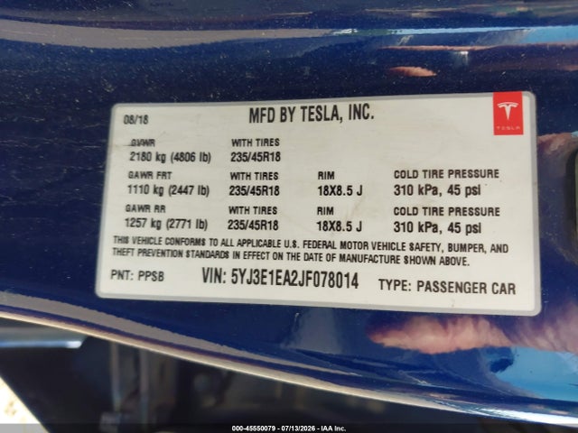 45550079 :رقم المزاد ، 5YJ3E1EA2JF078014 vin ، 2018 Tesla Model 3 Long Range/mid Range مزاد بيع