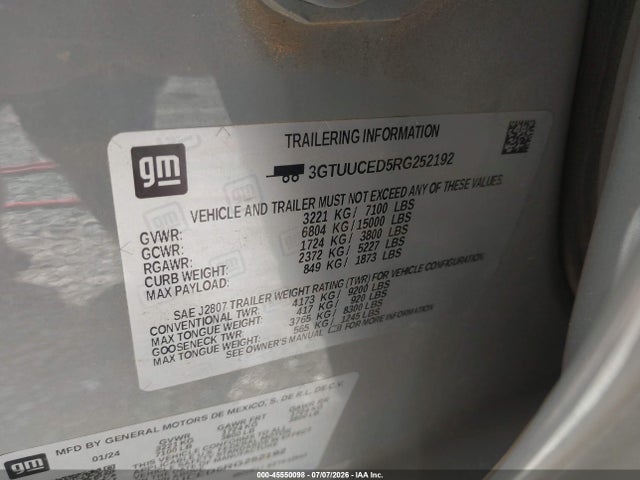 Aukcja sprzedaży 2024 Gmc Sierra 1500 4wd  Short Box Elevation With 3sb, vin: 3GTUUCED5RG252192, numer aukcji: 45550098