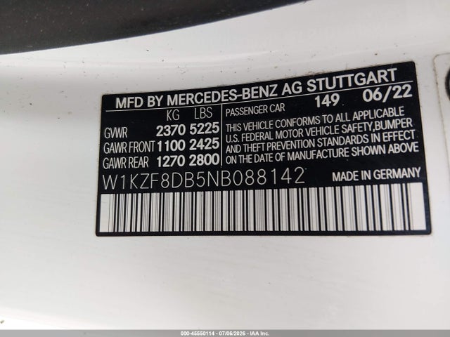 Aukcja sprzedaży 2022 Mercedes-benz E 350, vin: W1KZF8DB5NB088142, numer aukcji: 45550114