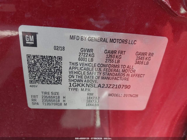 45550120 :رقم المزاد ، 1GKKNSLA2JZ210790 vin ، 2018 Gmc Acadia Sle-2 مزاد بيع