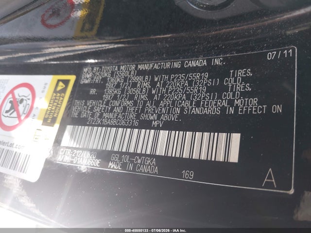 Aukcja sprzedaży 2011 Lexus Rx 350, vin: 2T2ZK1BA8BC063316, numer aukcji: 45550133