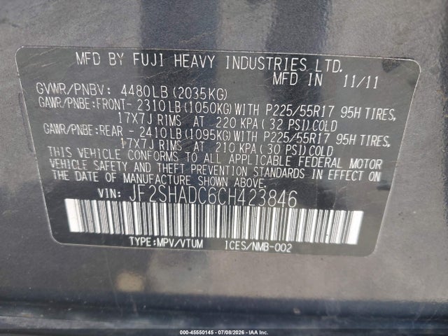 45550145 :رقم المزاد ، JF2SHADC6CH423846 vin ، 2012 Subaru Forester 2.5x Premium مزاد بيع