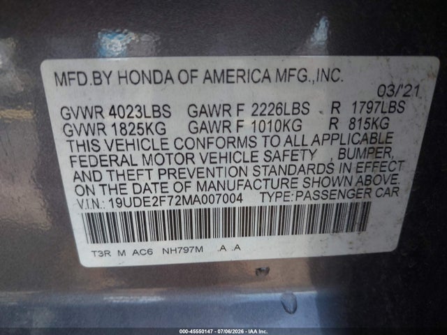 45550147 :رقم المزاد ، 19UDE2F72MA007004 vin ، 2021 Acura Ilx Premium Package/technology Package مزاد بيع