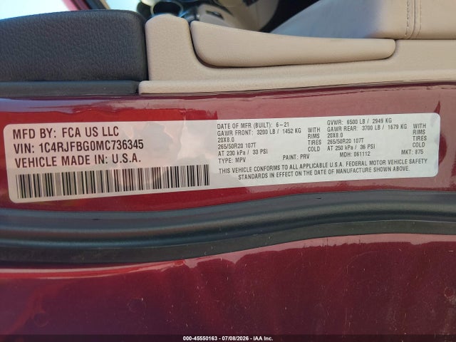 45550163 :رقم المزاد ، 1C4RJFBG0MC736345 vin ، 2021 Jeep Grand Cherokee Limited 4x4 مزاد بيع