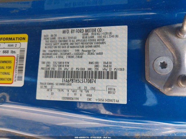 2020 Ford Mustang Ecoboost Fastback მანქანა იყიდება აუქციონზე, vin: 1FA6P8TH5L5170874, აუქციონის ნომერი: 45550174