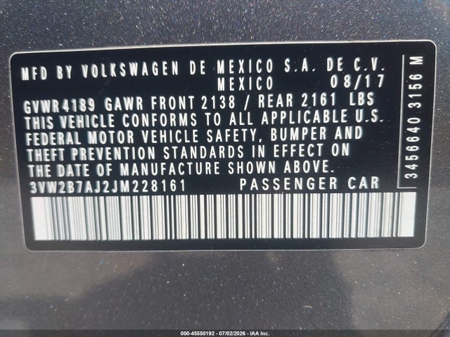 3VW2B7AJ2JM228161 Volkswagen Jetta 1.4t S