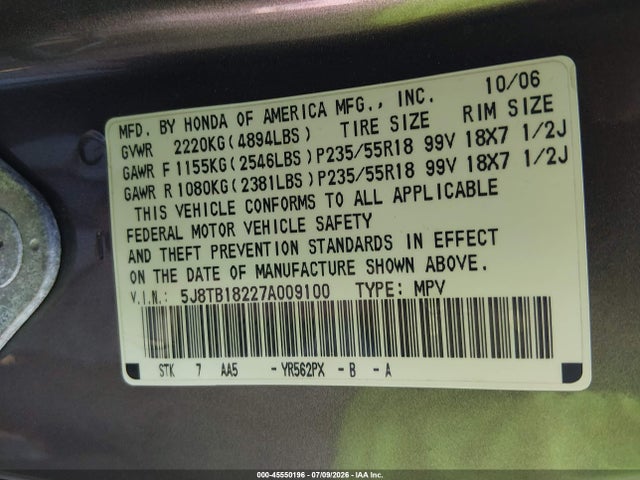 Продаж на аукціоні авто 2007 Acura Rdx, vin: 5J8TB18227A009100, номер лоту: 45550196