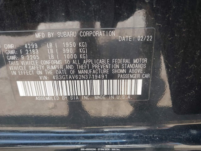2022 Subaru Impreza Premium 5-door მანქანა იყიდება აუქციონზე, vin: 4S3GTAV62N3719491, აუქციონის ნომერი: 45550206