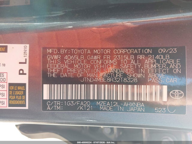 45550224 :رقم المزاد ، JTND4MBE8R3218328 vin ، 2024 Toyota Corolla Se مزاد بيع