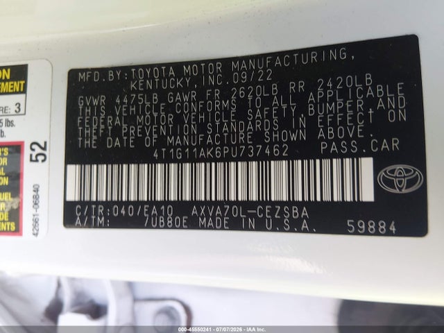 4T1G11AK6PU737462 Toyota CAMRY SE