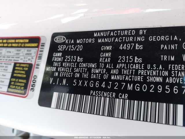 Продажа на аукционе авто 2021 Kia K5 Gt-line, vin: 5XXG64J27MG029567, номер лота: 45550250