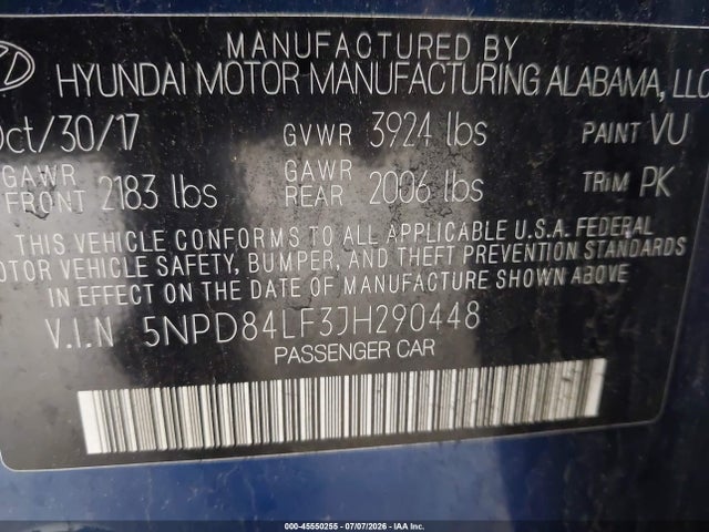 Aukcja sprzedaży 2018 Hyundai Elantra Value Edition, vin: 5NPD84LF3JH290448, numer aukcji: 45550255