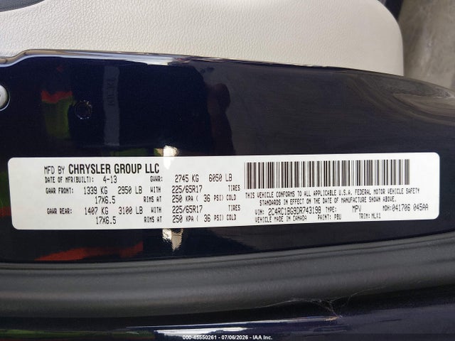 2013 Chrysler Town & Country Touring მანქანა იყიდება აუქციონზე, vin: 2C4RC1BG9DR743198, აუქციონის ნომერი: 45550261