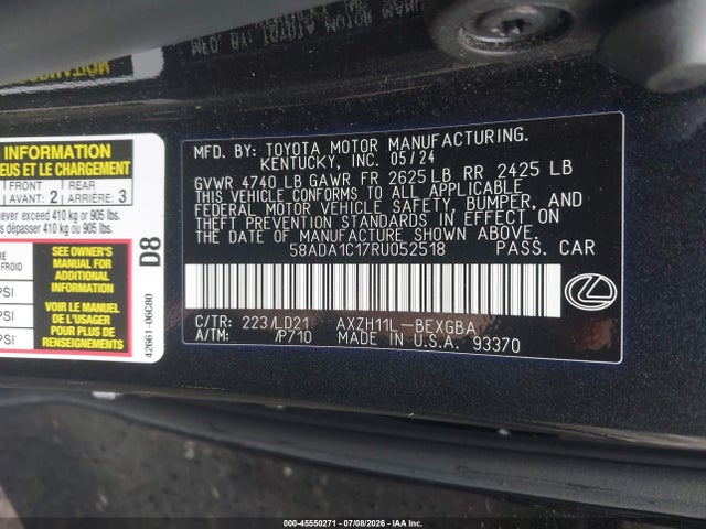 45550271 :رقم المزاد ، 58ADA1C17RU052518 vin ، 2024 Lexus Es 300h مزاد بيع