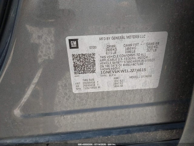 1GNEVLKW1LJ274615 Chevrolet Traverse Awd 1fl