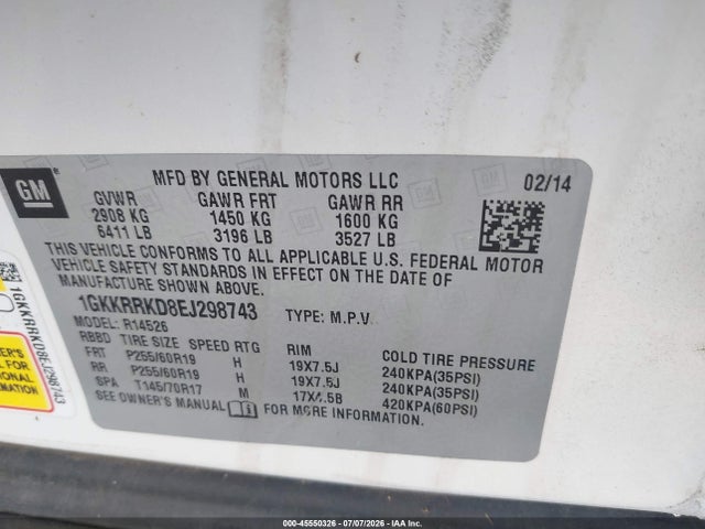 Aukcja sprzedaży 2014 Gmc Acadia Slt-1, vin: 1GKKRRKD8EJ298743, numer aukcji: 45550326