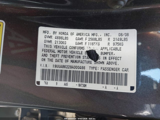 45550335 :رقم المزاد ، 19UUA86229A000466 vin ، 2009 Acura Tl 3.5 مزاد بيع