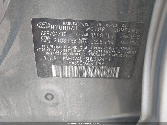 45550339 :رقم المزاد ، KMHD74LF6HU162428 vin ، 2017 Hyundai Elantra Se مزاد بيع