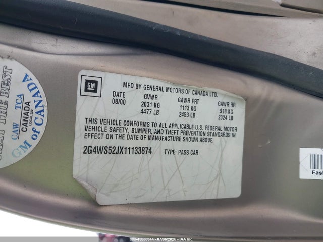2001 Buick Century Custom მანქანა იყიდება აუქციონზე, vin: 2G4WS52JX11133874, აუქციონის ნომერი: 45550344