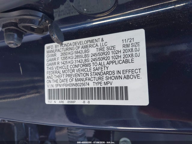 Продажа на аукционе авто 2022 Honda Pilot Awd Elite, vin: 5FNYF6H09NB025674, номер лота: 45550355
