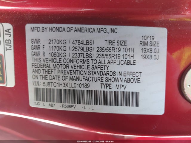 45550363 :رقم المزاد ، 5J8TC1H3XLL010189 vin ، 2020 Acura Rdx Standard مزاد بيع