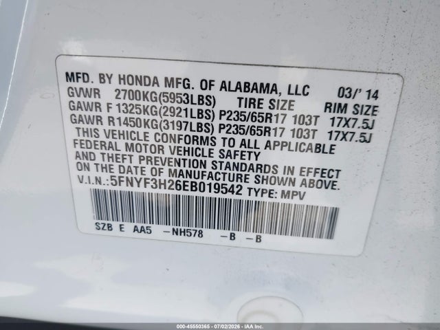Honda PILOT LX 2014 5FNYF3H26EB019542 Image 9