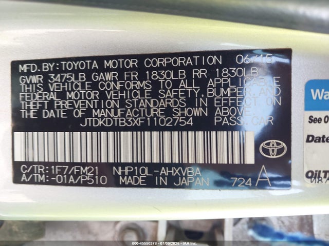 Aukcja sprzedaży 2015 Toyota Prius C Two, vin: JTDKDTB3XF1102754, numer aukcji: 45550378