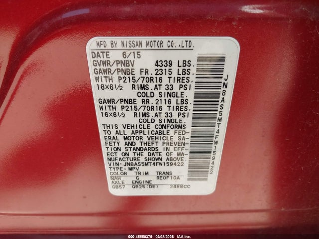 2015 Nissan Rogue Select S მანქანა იყიდება აუქციონზე, vin: JN8AS5MT4FW159422, აუქციონის ნომერი: 45550379