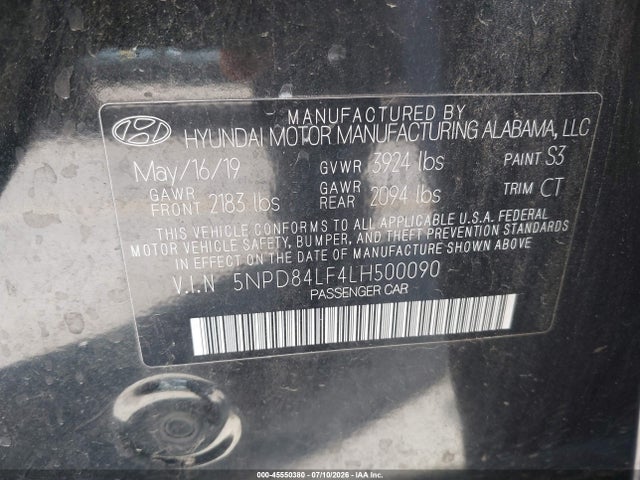 45550380 :رقم المزاد ، 5NPD84LF4LH500090 vin ، 2020 Hyundai Elantra Value Edition مزاد بيع
