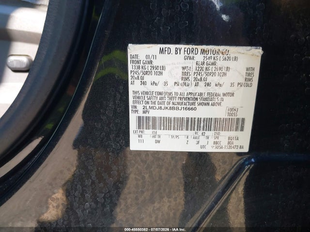 Продаж на аукціоні авто 2011 Lincoln Mkx, vin: 2LMDJ8JK8BBJ16660, номер лоту: 45550382