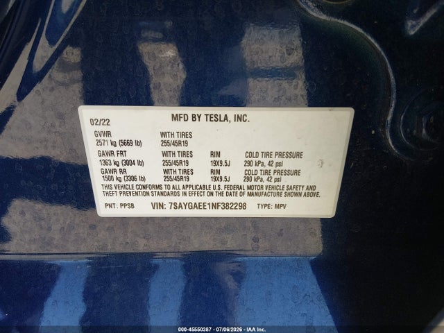 Aukcja sprzedaży 2022 Tesla Model Y Long Range Dual Motor All-wheel Drive, vin: 7SAYGAEE1NF382298, numer aukcji: 45550387