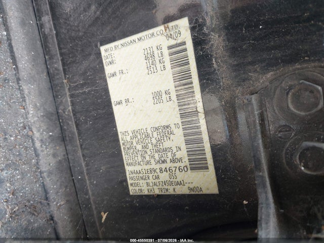 Auction sale of the 2009 Nissan Maxima 3.5 Sv, vin: 1N4AA51E89C846760, lot number: 45550391