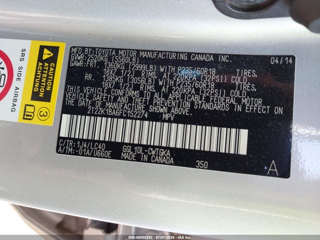 Продажа на аукционе авто 2015 Lexus Rx 350, vin: 2T2ZK1BA6FC152274, номер лота: 45550392