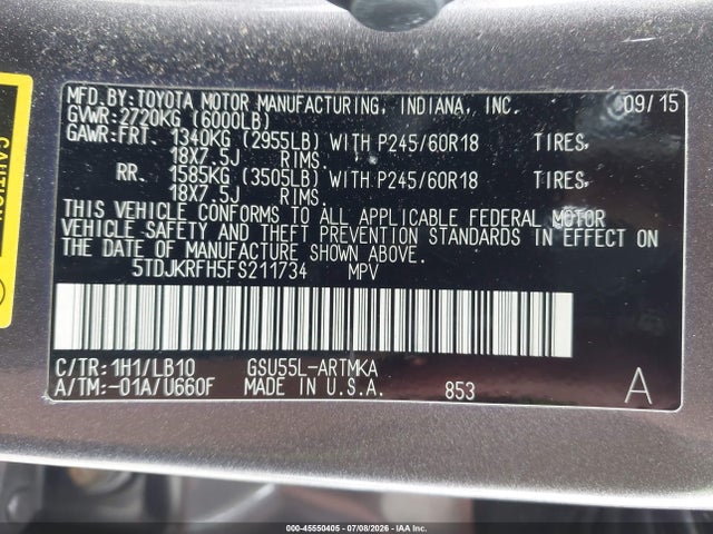 5TDJKRFH5FS211734 Toyota Highlander Xle V6