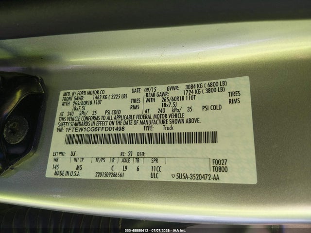 Продаж на аукціоні авто 2015 Ford F-150 King Ranch/lariat/platinum/xl/xlt, vin: 1FTEW1CG5FFD01498, номер лоту: 45550412