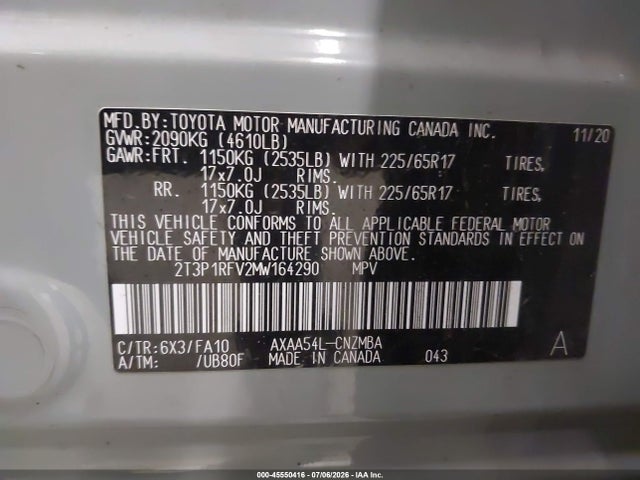 2021 Toyota Rav4 Xle მანქანა იყიდება აუქციონზე, vin: 2T3P1RFV2MW164290, აუქციონის ნომერი: 45550416