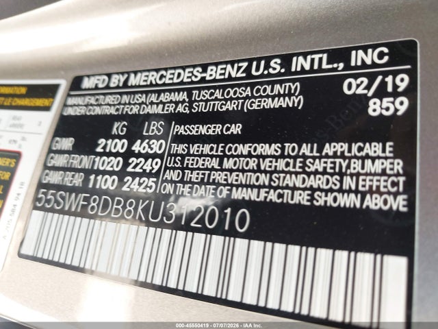Продажа на аукционе авто 2019 Mercedes-benz C 300, vin: 55SWF8DB8KU312010, номер лота: 45550419