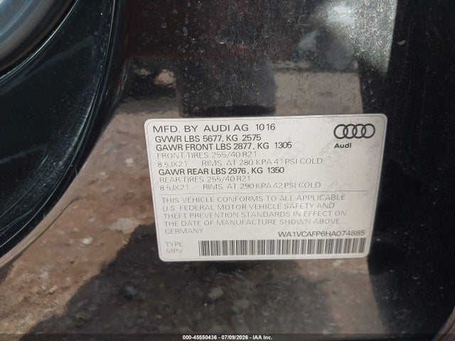 45550436 :رقم المزاد ، WA1VCAFP6HA074885 vin ، 2017 Audi Sq5 3.0t Premium Plus مزاد بيع
