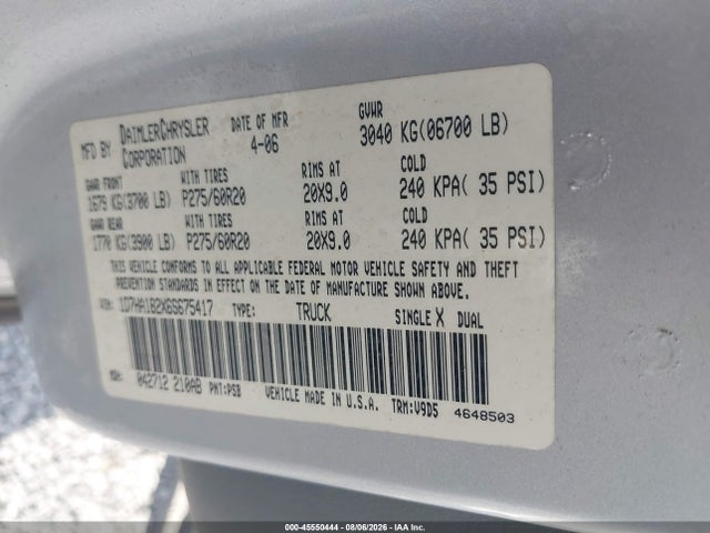 Aukcja sprzedaży 2006 Dodge Ram 1500 Slt, vin: 1D7HA182X6S675417, numer aukcji: 45550444