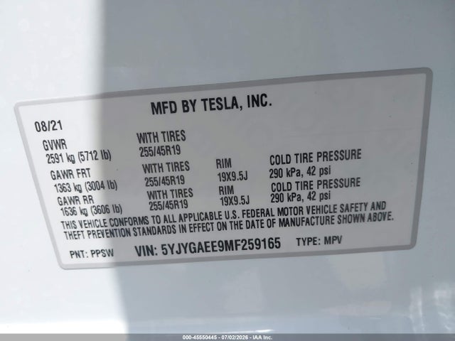 Aukcja sprzedaży 2021 Tesla Model Y Long Range Dual Motor All-wheel Drive, vin: 5YJYGAEE9MF259165, numer aukcji: 45550445