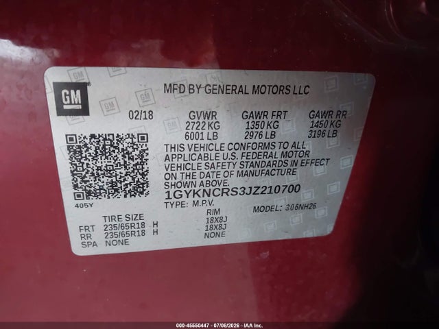 45550447 :رقم المزاد ، 1GYKNCRS3JZ210700 vin ، 2018 Cadillac Xt5 Luxury مزاد بيع