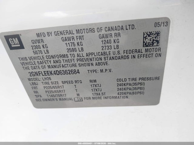Aukcja sprzedaży 2013 Chevrolet Equinox Lt, vin: 2GNFLEEK4D6362684, numer aukcji: 45550451