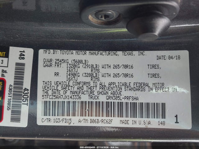 45550489 :رقم المزاد ، 5TFCZ5AN7JX143336 vin ، 2018 Toyota Tacoma Trd Off Road مزاد بيع