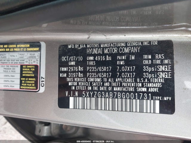 Aukcja sprzedaży 2011 Hyundai Santa Fe Gls, vin: 5XYZG3AB7BG001731, numer aukcji: 45550492