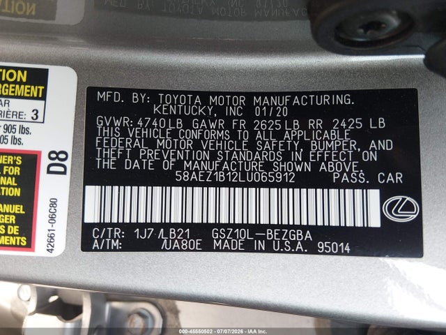 Aukcja sprzedaży 2020 Lexus Es 350 Luxury, vin: 58AEZ1B12LU065912, numer aukcji: 45550502