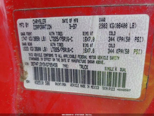 Продажа на аукционе авто 1997 Dodge Ram 1500 St, vin: 3B7HF13Y3VG795458, номер лота: 45550519
