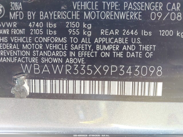 Aukcja sprzedaży 2009 Bmw 328i, vin: WBAWR335X9P343098, numer aukcji: 45550529