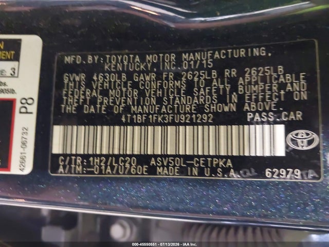 45550551 :رقم المزاد ، 4T1BF1FK3FU921292 vin ، 2015 Toyota Camry Xse مزاد بيع