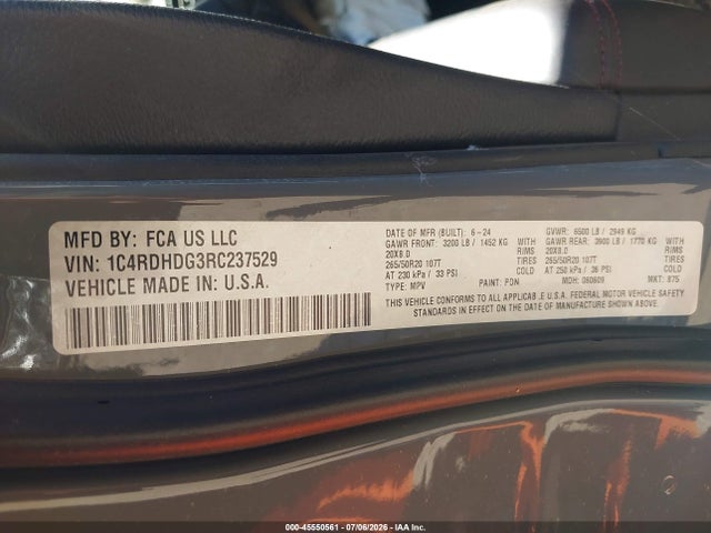 2024 Dodge Durango Gt Plus Rwd მანქანა იყიდება აუქციონზე, vin: 1C4RDHDG3RC237529, აუქციონის ნომერი: 45550561