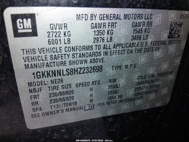 Aukcja sprzedaży 2017 Gmc Acadia Slt-2, vin: 1GKKNNLS8HZ232698, numer aukcji: 45550578